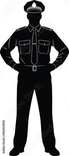 Police officer silhouette standing with hands on hips isolated on white background law enforcement authority security vector illustration design