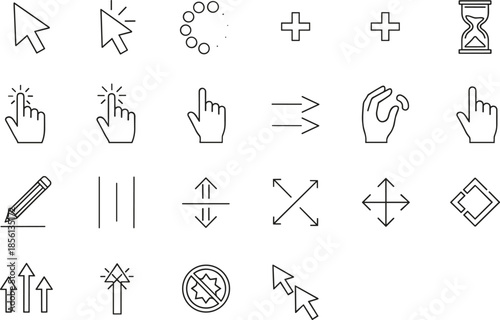 User interface outline icons set cursor arrows gestures loading controls navigation symbols isolated on white background vector illustration