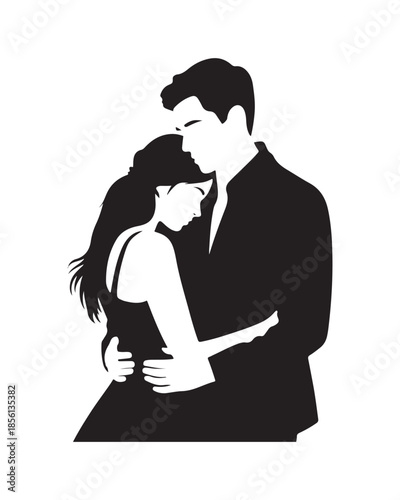 A loving man gently embraces a woman with her head resting softly on his shoulder