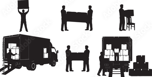 Silhouettes of People Moving Furniture and Boxes into a Truck also transparent background