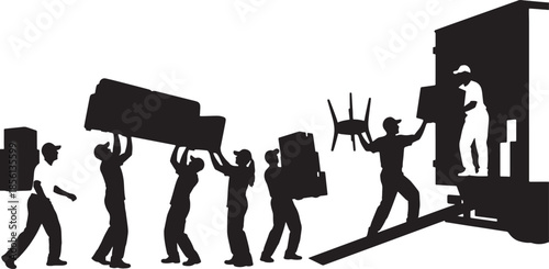 Silhouette of people carrying furniture and boxes into a building with a ramp also transparent background