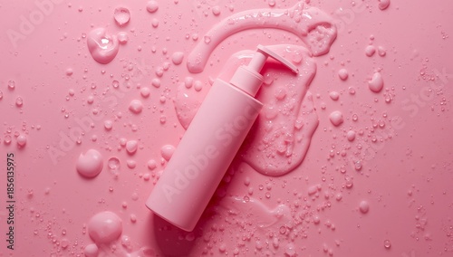 Pink Serenity. A monochromatic scene with product and liquid textures, soft lighting.