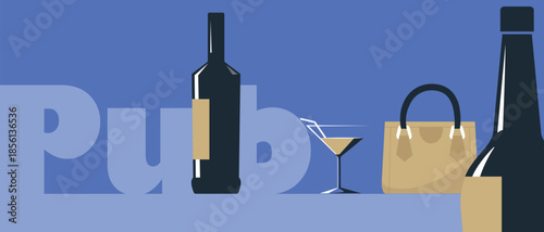 Bar poster, restaurant banner, bachelorette party, hen party, alcohol bottles, glass, and purse. Vector illustration of a festival concept, drinks, white wine, red wine, martini, cocktail, and chardon
