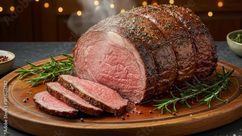 Hot smoked roast beef with rosemary on a cutting board, a perfect meal during Christmas dinner. Food preparation concept.