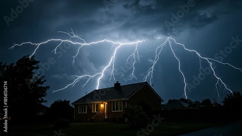 House at night with faint lightning, then vibrant thunderstorm, and a residual distant strike for weather concept