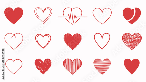 Collection of hand drawn red heart shapes on white background Vector, illustration