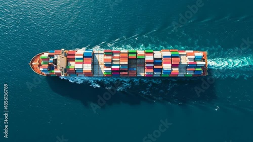 Container ship carrying cargo on blue sea with wake. Global logistics and international trade concept for transportation business.