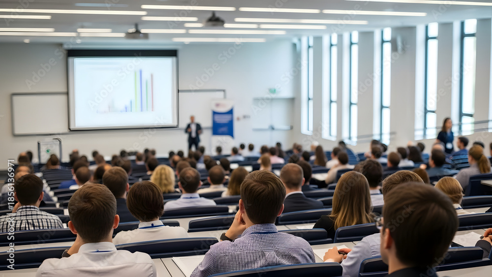Obraz premium Blurred background of the business conference a group of people on the stage presentation of the project public talk High quality banner with copy space : Generative AI. High quality