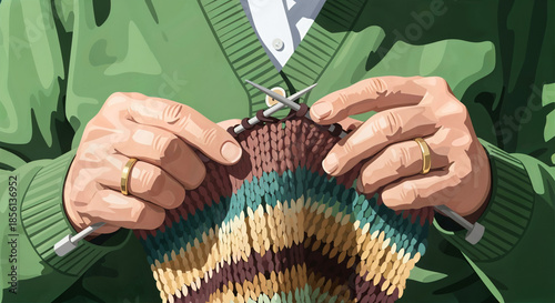 Elderly person knitting a colorful scarf with knitting needles  