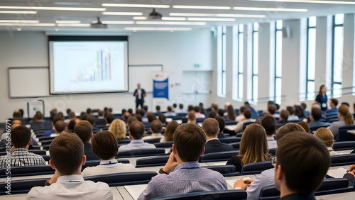 Blurred background of the business conference a group of people on the stage presentation of the project public talk High quality banner with copy space : Generative AI. High quality 