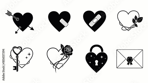 Collection of black and white heart symbols with various emotions and objects Vector, illustration