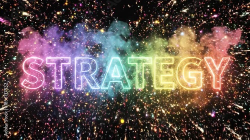 Letter strategy word with colored smoke effect and evolving fireworks display. Motion graphic for business concept.