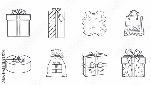 Collection of gift boxes and bags in line art style Vector, illustration