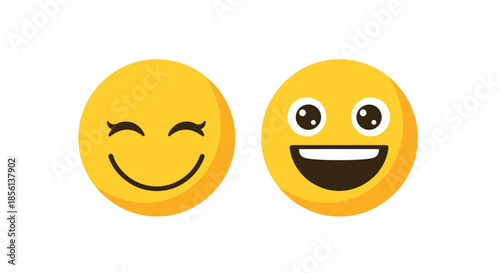 Two cheerful yellow emojis side by side, one with gently closed eyes and a shy smile, and the other with wide-open eyes and a broad, happy laugh.