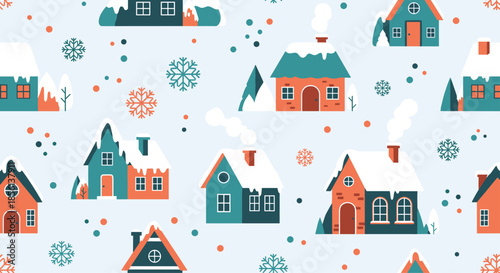 Cozy winter village seamless pattern with snow-covered houses, trees, and festive snowflakes.