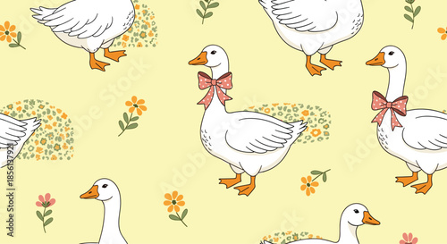 Cute seamless pattern featuring elegant white geese wearing pink polka-dot bows, surrounded by delicate flowers on a cheerful yellow background.