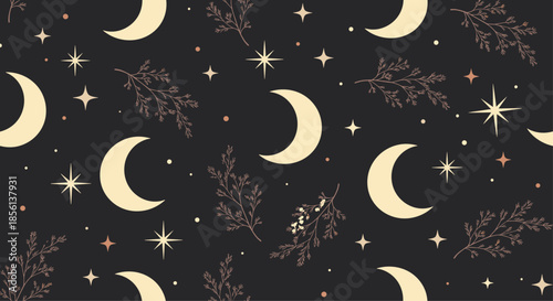 Enchanting bohemian pattern featuring golden crescent moons, shimmering stars, and artistic plant branches on a dark background.
