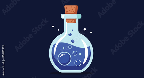 A charming illustration of a magical blue potion bubbling inside a clear glass flask, topped with a rustic cork stopper.