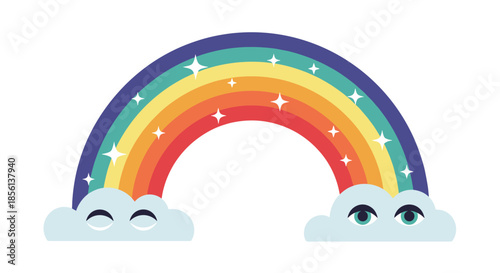 A cheerful cartoon rainbow adorned with twinkling stars, resting on two expressive clouds, one serene and sleeping, the other curious and wide-eyed.