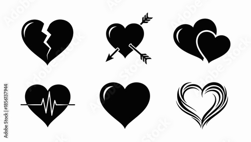 Collection of various black heart symbols on white background Vector, illustration