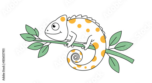 A cute cartoon chameleon with orange spots smiles while perched on a leafy green branch, showcasing its distinctive curly tail.