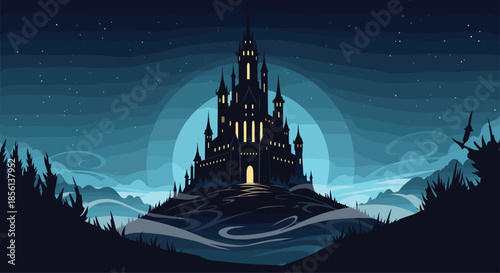 A striking pixel art rendition of a mysterious, dark fantasy castle standing tall on a hill, illuminated by a full moon and starry night sky.