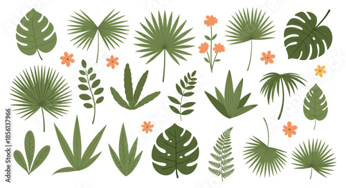 A vibrant collection of diverse tropical green leaves and subtle orange flowers, perfect for design elements and exotic botanical themes.