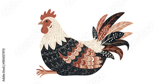 A beautifully stylized rooster illustration, featuring ornate feather details and a rustic, natural color scheme against white.