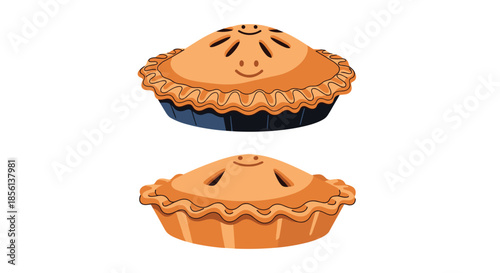 A pair of charming cartoon pies, each featuring a smiling face baked into its golden-brown crust and decorative crimped edges.