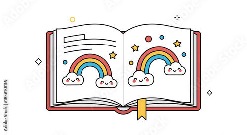 Whimsical open book displaying cheerful cartoon rainbows, smiling clouds, and stars on its pages, symbolizing fantasy and sweet dreams.