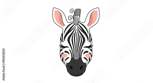 A charming and cute cartoon zebra head with eyes softly closed, featuring delicate eyelashes and rosy pink cheeks.