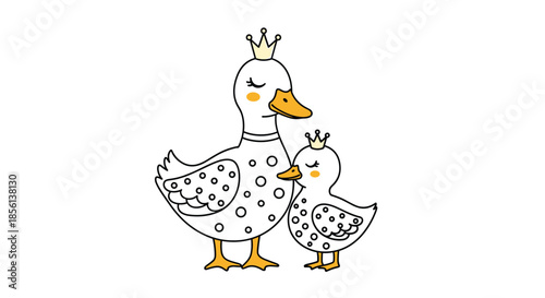 Charming cartoon illustration of a mother duck and her duckling, both adorned with golden crowns and polka dot patterns.