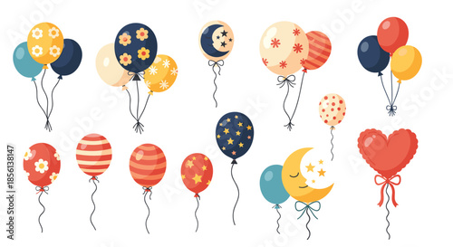 A vibrant collection of decorative party balloons featuring playful patterns like flowers, stars, stripes, and a charming crescent moon.