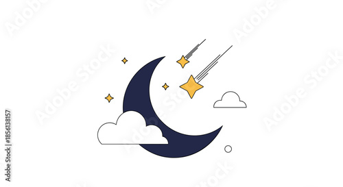 A charming flat design illustration depicting a tranquil night scene with a crescent moon, wispy clouds, and falling stars.