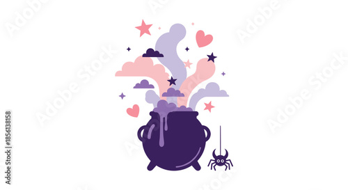 Whimsical Halloween cauldron with bubbling purple potion, pastel smoke, stars, hearts, and a playful spider.