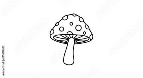 A simple black and white line art illustration of a cartoon mushroom with a spotted cap, ideal for children's books or nature-themed designs.