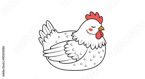 A cute cartoon white hen with a red comb and wattle is resting peacefully with closed eyes, depicted as a simple illustration.