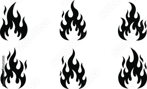 A set of six black flame icons on a white background