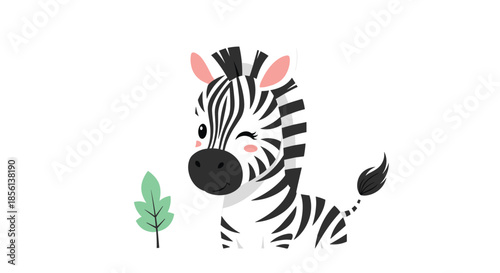 A cute cartoon baby zebra with black and white stripes winks playfully, standing next to a green leaf on a white background.