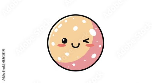 Adorable cartoon character resembling a round dessert, featuring a winking face and polka-dot texture.