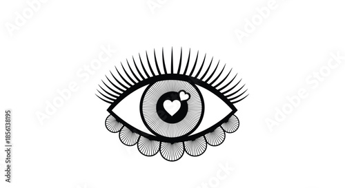 Decorative black and white illustration of a stylized eye with long eyelashes, a textured iris, and a prominent heart-shaped pupil, conveying love.