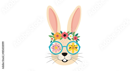 A cute cartoon bunny wearing a colorful flower crown and stylish round glasses with flowers reflected in the lenses, against a white background.