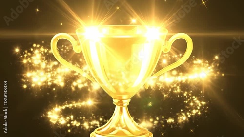 Golden award trophy with glowing particles appearing then dissipating. Shining cup on black background representing success and achievement.