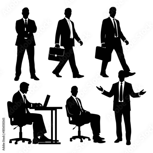 Business People Silhouette Set In Various Poses And Actions
