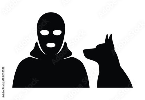 Criminal masked person with guard dog silhouette vector icon