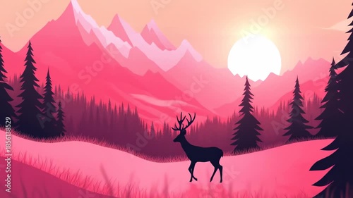 A peaceful walk of a deer in a serene mountain landscape at sunset, concept of nature and wildlife illustration for calming background