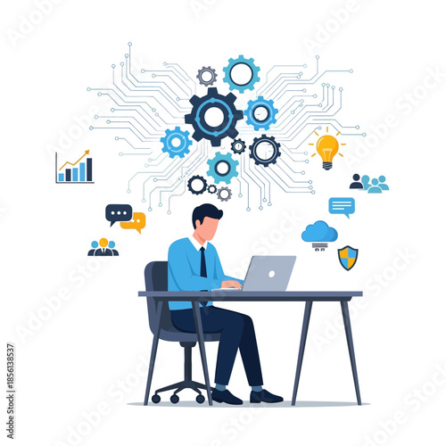 Businessman Analyzing Data With Digital Gear Icons And Cloud Computing