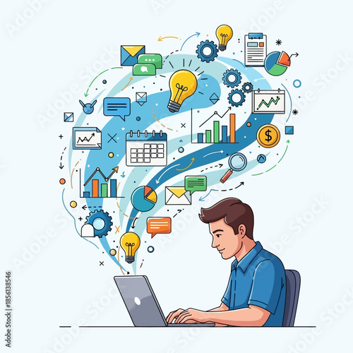 Businessman Using Laptop With Digital Growth And Innovation Icons