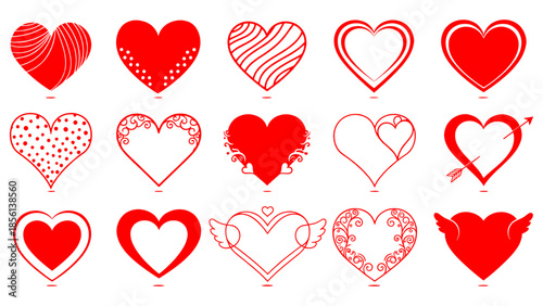 Collection of fifteen different red heart shape Vector, illustration