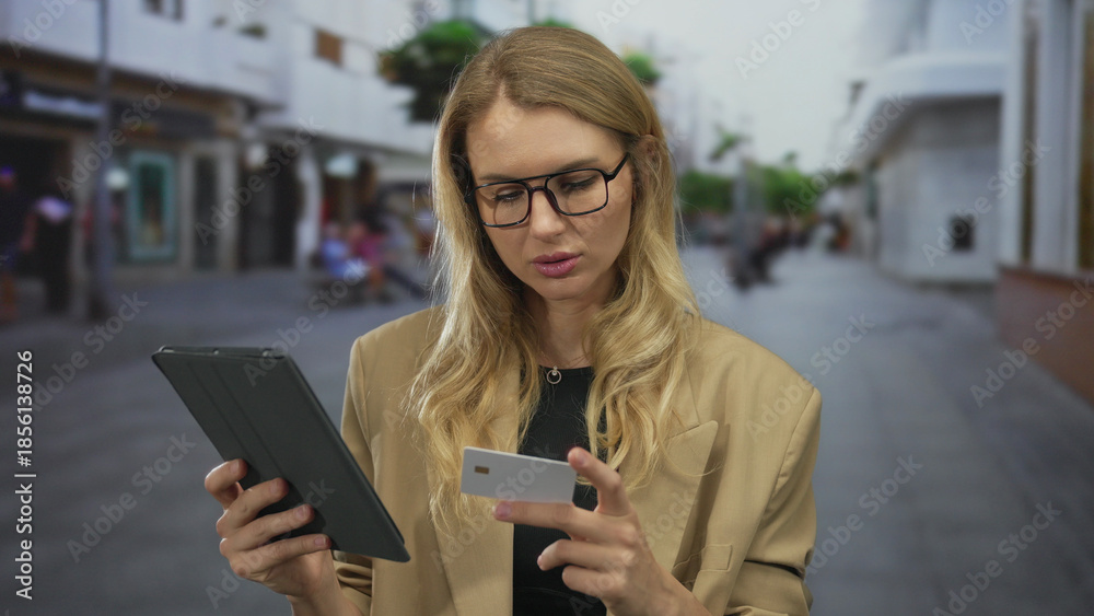 Fototapeta premium Woman using tablet and card on city street, focused expression in outdoor urban setting.